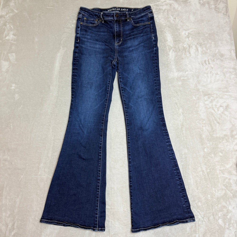 American Eagle Super Hi-Rise Flare Jeans Womens 10 Long Blue Stretch Boho 70s